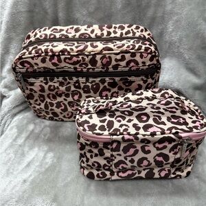 Modella Pink and Brown Cheetah Print Cosmetic Bag Set